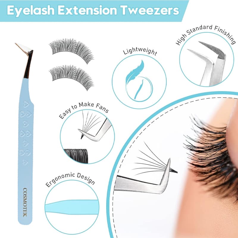 Fiber Tip Lash Tweezers, Precise Diamond Grip L-Shape Boot Volume Eyelash Extension Tweezers (Baby Blue) thumbnail 4