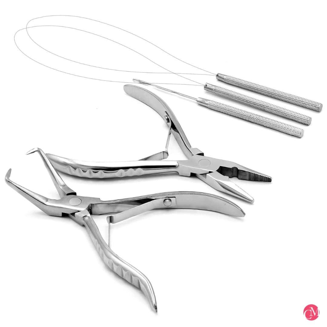 BonitaCrown Hair Extension Beading Tool Kit Stainless Steel Hair Extensions Micro Link Bead Closer And Remover Pliers Set, Beads Hair Pulling Hook &amp; Micro Ring Loop Tool Set – SILVER
