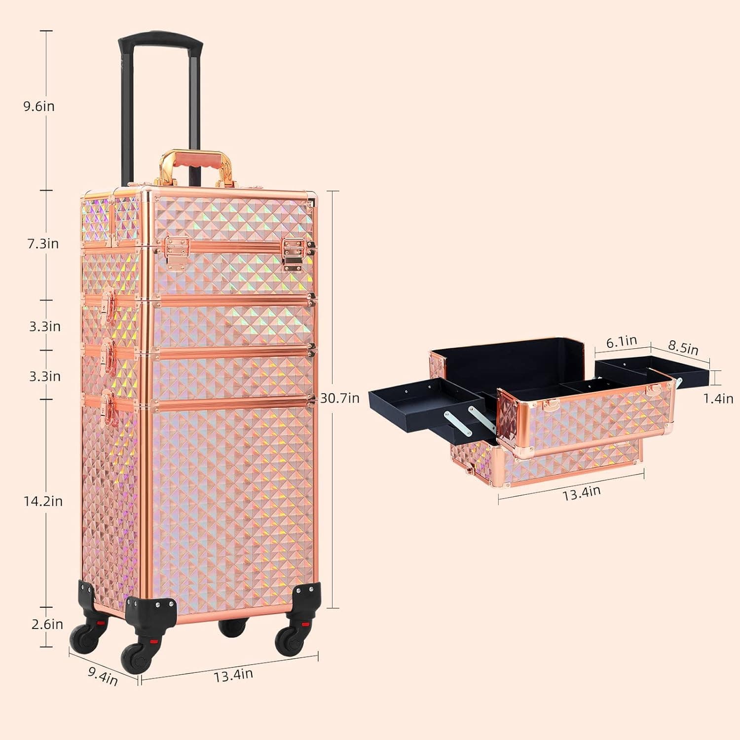 Makeup Rolling Train Case 4-In-1 Professional Artist Trolley Cosmetic Organizer With 2 Wheels Durable Aluminum Frame Folding Trays And Locks ROSE GOLD thumbnail 4