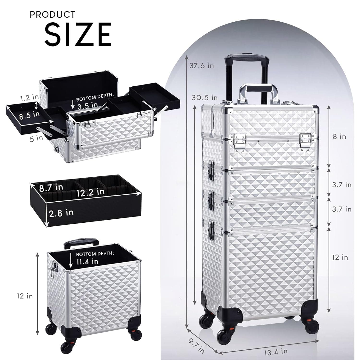 Makeup Rolling Train Case 4-in-1 Professional Artist Trolley Cosmetic Organizer with 2 Wheels Durable Aluminum Frame Folding Trays and Locks Silver thumbnail 2