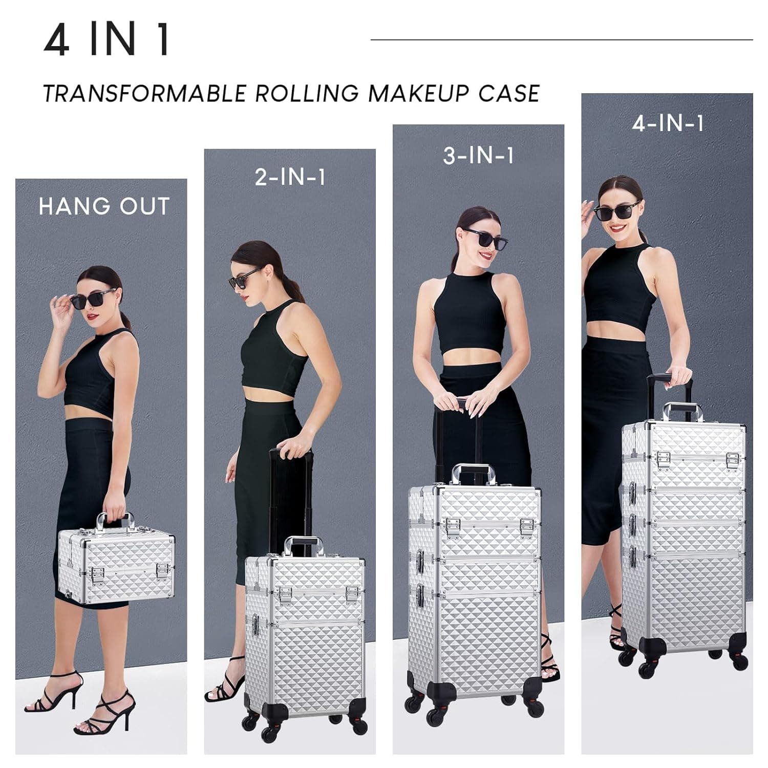 Makeup Rolling Train Case 4-in-1 Professional Artist Trolley Cosmetic Organizer with 2 Wheels Durable Aluminum Frame Folding Trays and Locks Silver thumbnail 4