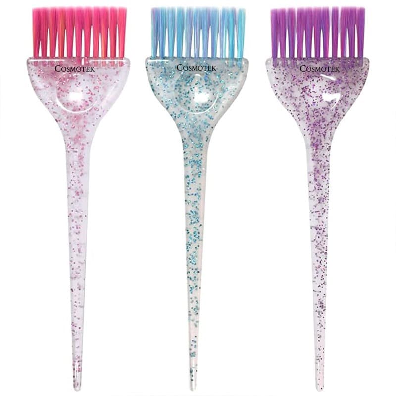 3 PCS Hair Color Brush Set – Glitter Handle Brushes for Hair Coloring, Highlighting &amp; Tint Application – Soft Feather Bristle Hair Dye Tools – Also Great for Root Touch-Up, Beard Coloring, Eyebrow Tinting, Craft Paint &amp; Glue (3.5” x 11”)