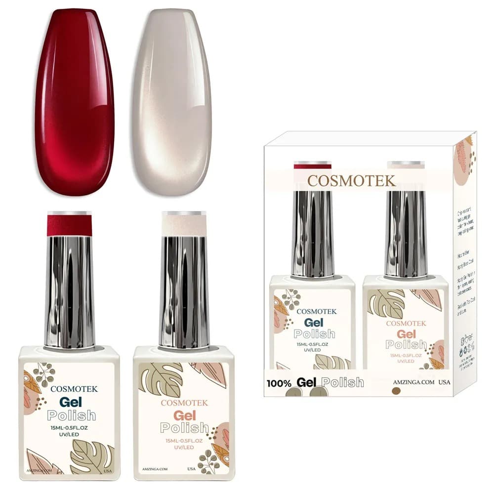 Cosmotek Cat Eye Duo Gel Set – Ruby &amp; Pearl Essence (CTK-D01) – Premium Magnetic Gel Polish with Deep Crimson &amp; Pearlescent Shimmer, Velvet &amp; Halo Effect, Soak-Off Nail Art Kit (2 x 15ml)