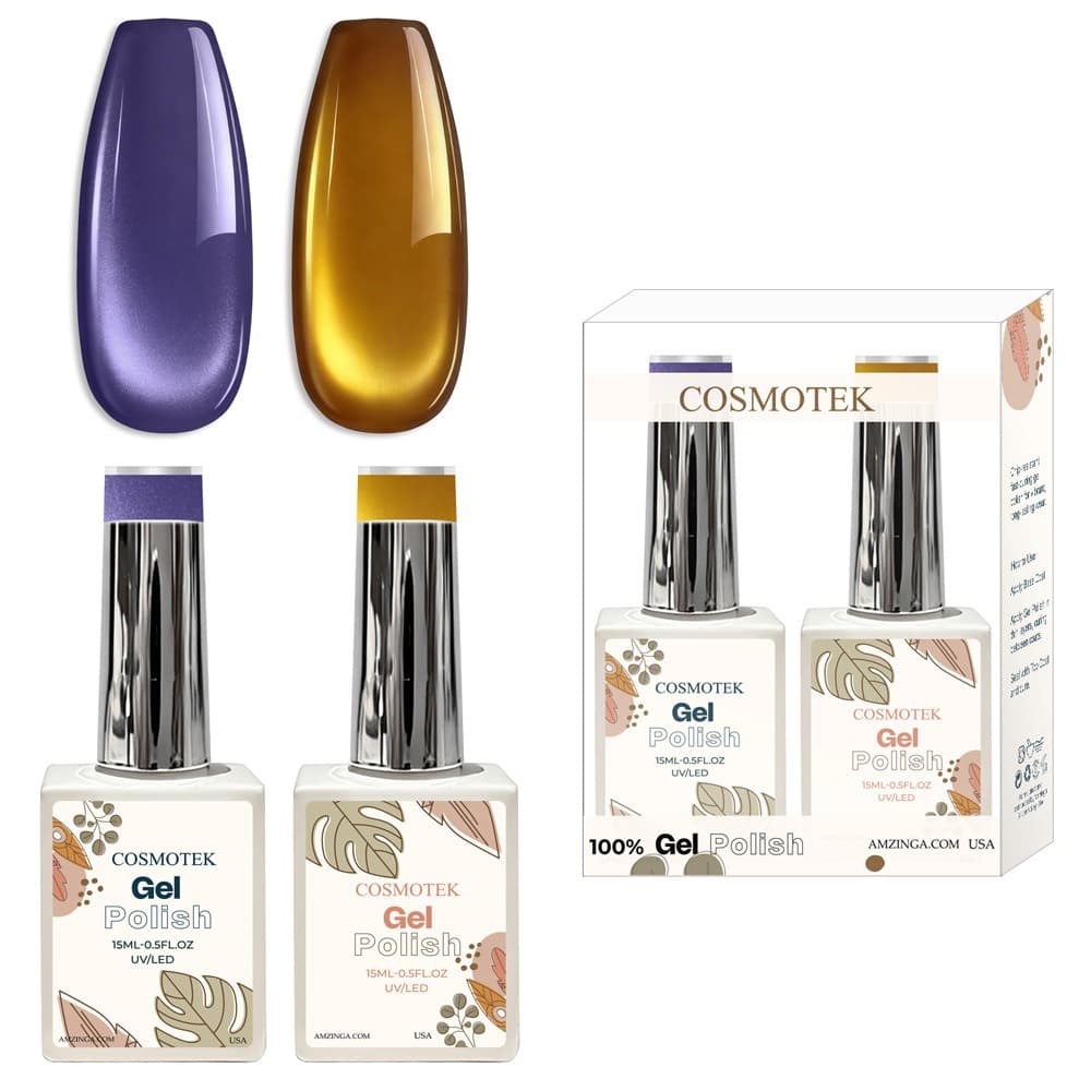 Cosmotek Cat Eye Duo Gel Set – Amethyst &amp; Amber Glow (CTK-D04) – Premium Magnetic Gel Polish with Royal Purple &amp; Golden Amber Shimmer, Velvet &amp; Halo Effect, Soak-Off Nail Art Kit (2 x 15ml)