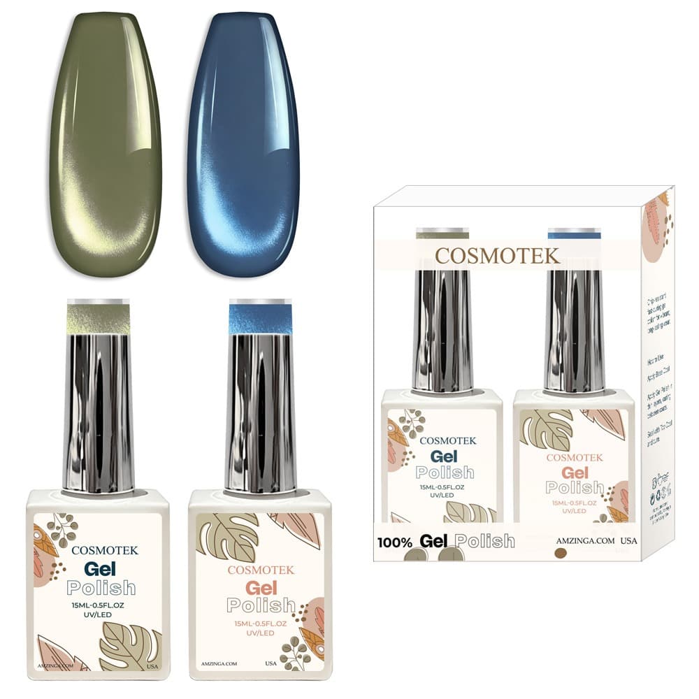 Cosmotek Cat Eye Duo Gel Set – Sage &amp; Sapphire Mist (CTK-D05) – Premium Magnetic Gel Polish with Sage Green &amp; Metallic Azure Shimmer, Velvet &amp; Halo Effect, Soak-Off Nail Art Kit (2 x 15ml)