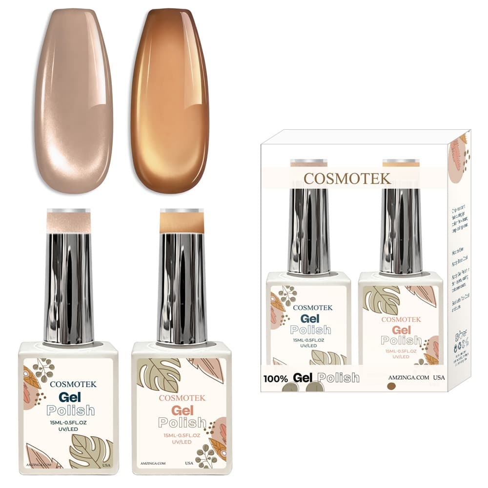 Cosmotek Cat Eye Duo Gel Set – Champagne &amp; Caramel (CTK-D06) – Premium Magnetic Gel Polish with Champagne Nude &amp; Warm Caramel Shimmer, Velvet &amp; Halo Effect, Soak-Off Nail Art Kit (2 x 15ml)