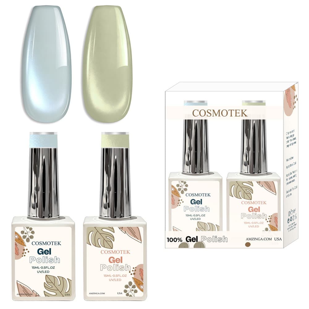 Cosmotek Cat Eye Duo Gel Set – Arctic Sky &amp; Pistachio (CTK-D07) – Premium Magnetic Gel Polish with Light Blue &amp; Pale Mint Shimmer, Velvet &amp; Halo Effect, Soak-Off Nail Art Kit (2 x 15ml)
