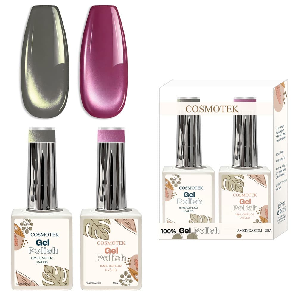 Cosmotek Cat Eye Duo Gel Set – Gunmetal &amp; Berry Wine (CTK-D10) – Premium Magnetic Gel Polish with Dark Grey &amp; Deep Magenta Shimmer, Velvet &amp; Halo Effect, Soak-Off Nail Art Kit (2 x 15ml)