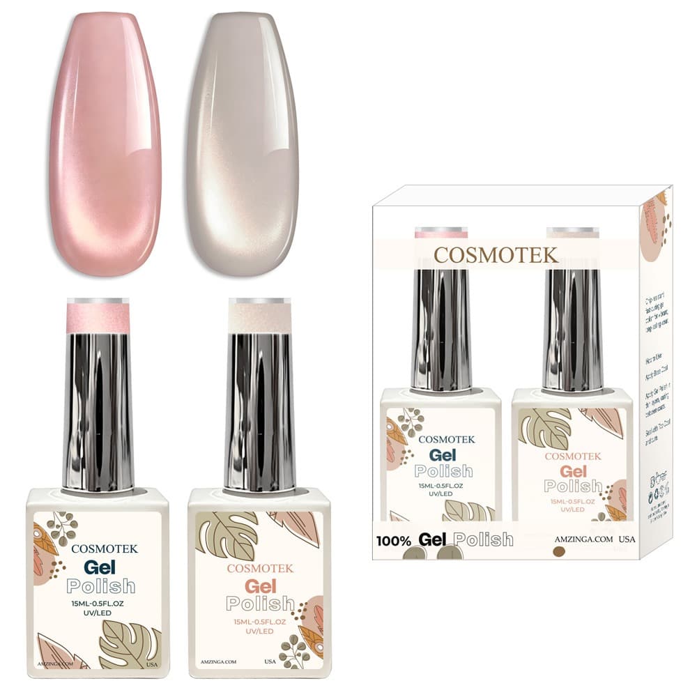 Cosmotek Cat Eye Duo Gel Set – Rose Quartz &amp; Birch (CTK-D11) – Premium Magnetic Gel Polish with Blush Pink &amp; Silver Grey Shimmer, Velvet &amp; Halo Effect, Soak-Off Nail Art Kit (2 x 15ml)
