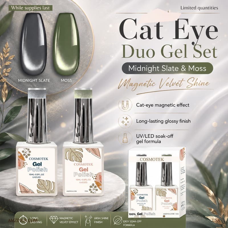 Cosmotek Cat Eye Duo Gel Set – Midnight Slate &amp; Moss (CTK-D02) – Premium Magnetic Gel Polish with Charcoal Grey &amp; Olive Gold Shimmer, Velvet &amp; Halo Effect, Soak-Off Nail Art Kit (2 x 15ml)