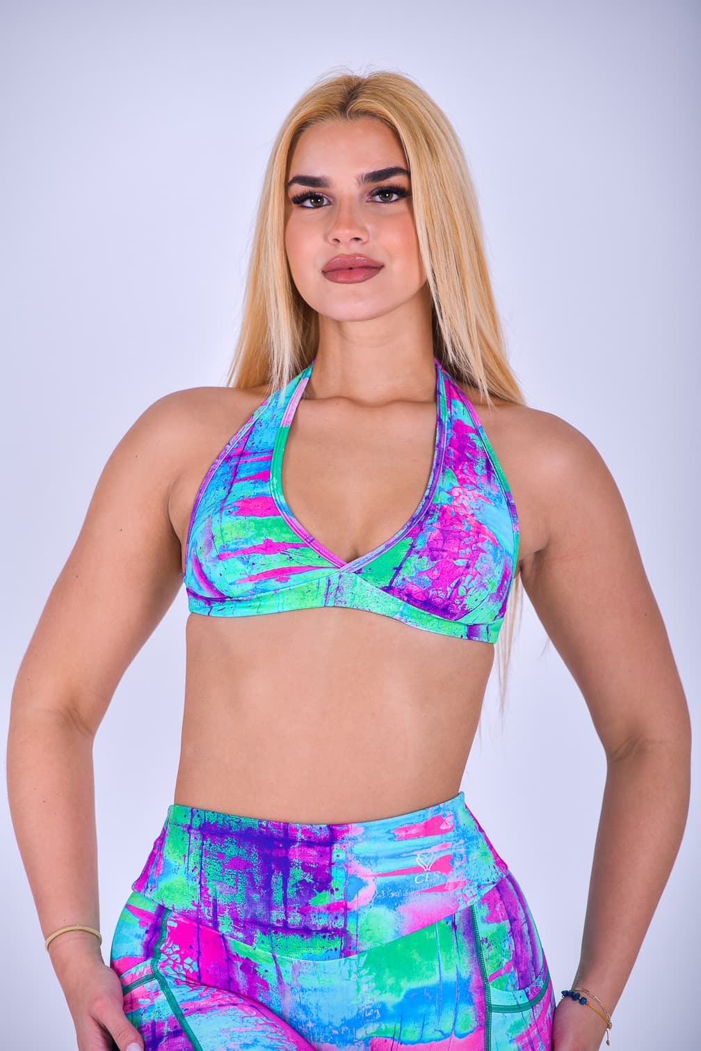NC Isla Halter Top Magenta and Lime Green Abstract