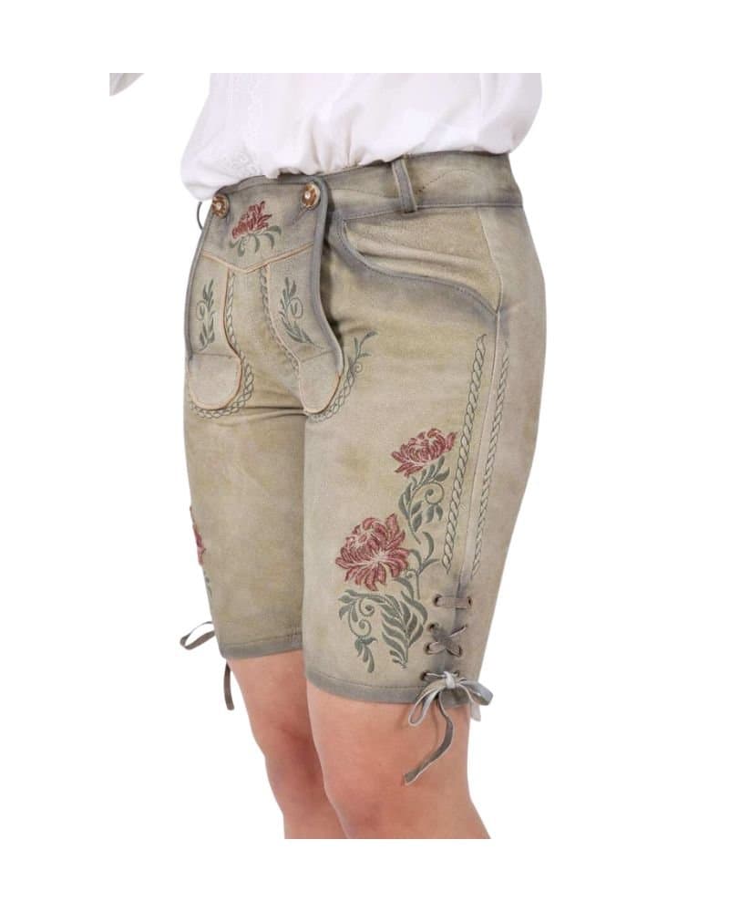 Vintage Olive Beige Women’s Lederhosen with Antique Rose Embroidery thumbnail 2