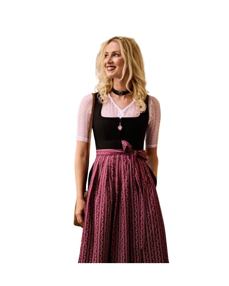 Freya – Brick Red Flower Striped Apron Midi Dirndl thumbnail 4
