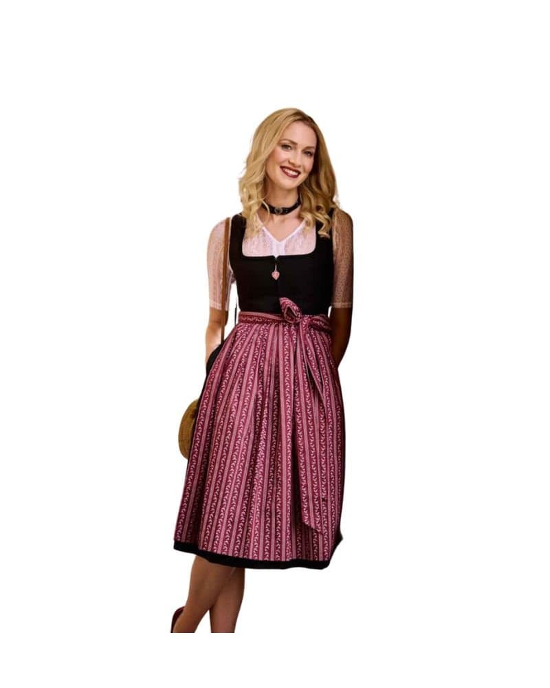 Freya – Brick Red Flower Striped Apron Midi Dirndl thumbnail 3