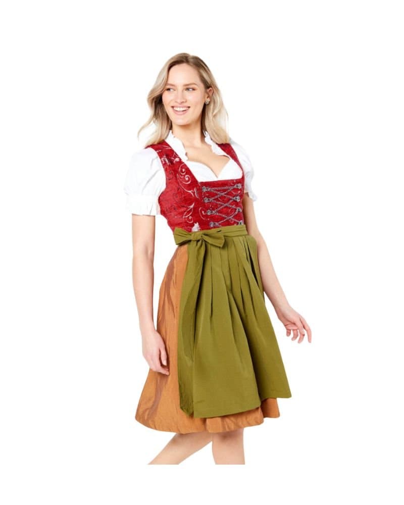 Olive Green & Rust Red Brocade Bodice Mini Dirndl