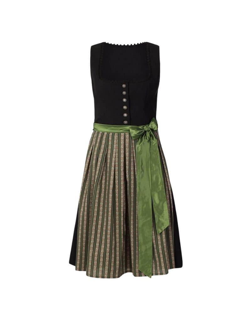 Lena – Black Cotton Dirndl with Olive Green Patterned Apron
