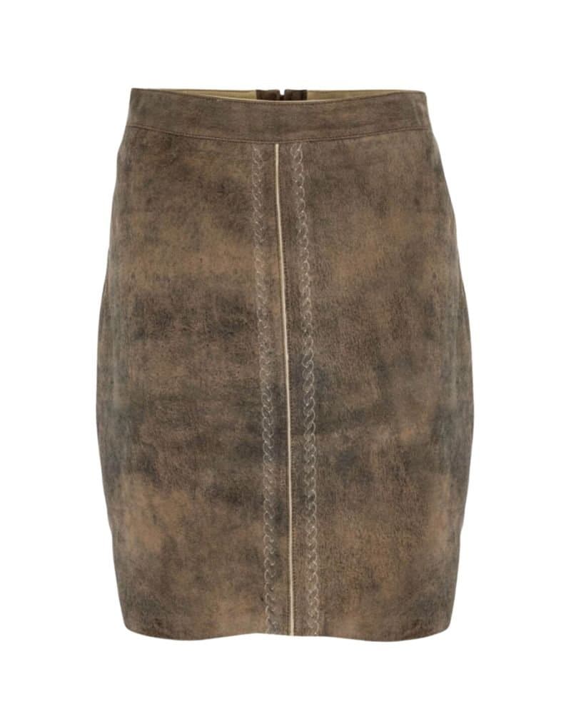 Helmine – Taupe Brown Braided-Trim Leather Skirt in Goat Suede