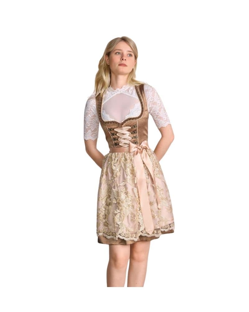 Mocha Dirndl with Blush Lace Apron & Satin Bow