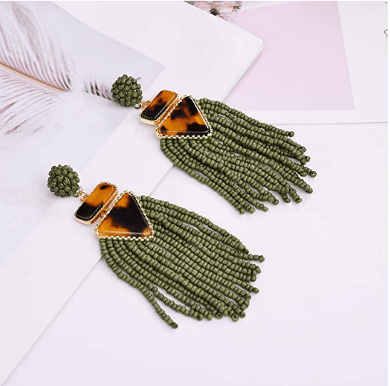 Nicole Miller New York Green Beaded Tassel Drop Leopard Print Triangle Dangle Earrings thumbnail 2