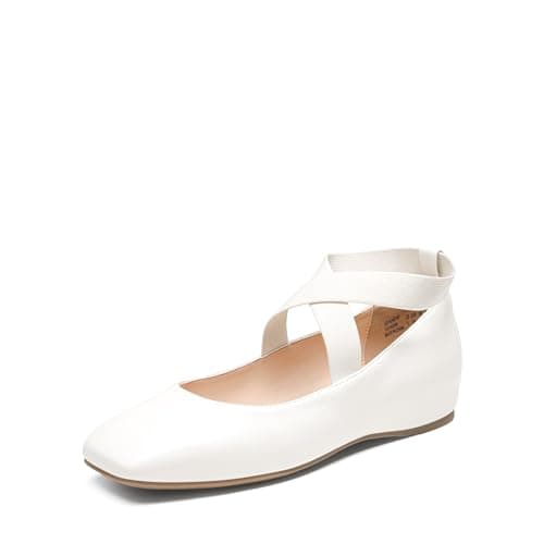 DREAM PAIRS Women's Ballet Flats, Comfortable Slip-On Square Toe Dress Shoes with Elastic Ankle Straps,Size 9,White-Pu,SDFA2401W