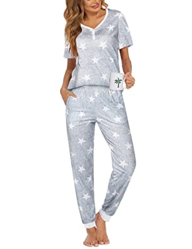 Ekouaer Pajamas for Women Set 2 Piece Lounge Set Short Sleeve Pjs Joggers Long Pants Sleepwear with Pockets