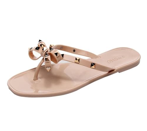 OMGard Womens Studded Sandals Bow Flip Flops Jelly Shoes Womens Beige Jellies Flat Size 8.5, Summer Beach Thong Slides with Rivets Dressy Slippers Slip On