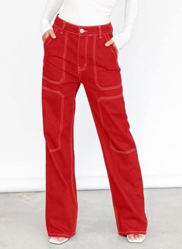 Dokotoo Womens Casual Mid Waist Cargo Jeans for Women Straight Wide Leg Denim Pants Red Size 6 thumbnail 2