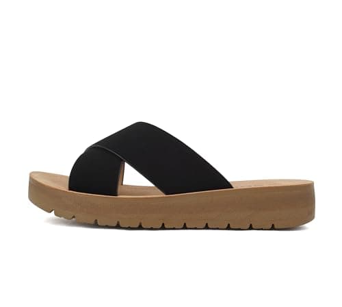 Soda LUCY ~ Women Open Toe Flatform Platform Crisscross Band Upper Fashion Slide Sandals (Black, 6.5)