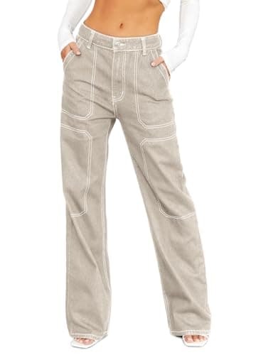 Dokotoo Womens Casual High Waisted Cargo Jeans for Women Wide Leg Boyfriend Denim Pants Apricot Size 8