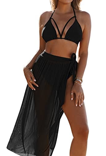 Kisscynest Women's 3 Piece High Waisted Halter Bikini Swimsuit Cover Ups Set Black S