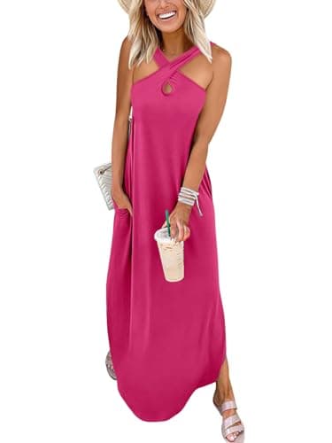 ANRABESS Women’s Casual Summer Maxi Dress Sexy Slit Side Sleeveless Loose Beach Long Sundress Vacation Outfits with Pockets Hot Pink Medium
