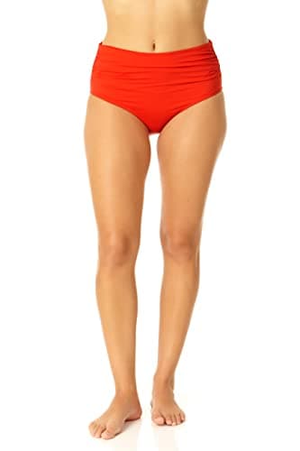 Anne Cole Women's Standard High Waist to Fold Over Shirred Bikini Bottom Swimsuit, Spice Red