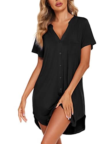 Ekouaer Women's Nightshirt Short Sleeve Button Down Nightgown V-Neck Sleepwear Pajama Dress Black