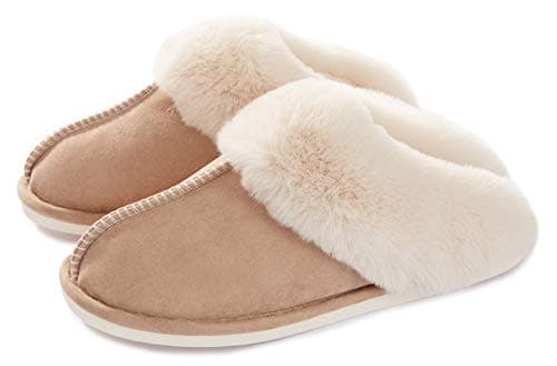Donpapa Womens Slipper with Memory Foam Fluffy Soft Warm Slip On House Slippers Anti-Skid Cozy Plush for Indoor Outdoor Tan Large