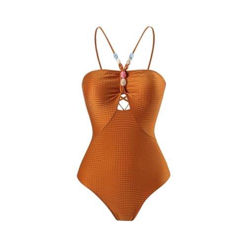 FYMNSI Sexy One Piece Swimsuit for Women 2024 Bathing Suits with Swim Coverups Ruffle Cutout Bikinis Sarong Wraps Skirt Spaghetti Straps Self-Tied Back Swimwear Cover Up Beach Outfits Brown Sets L thumbnail 2