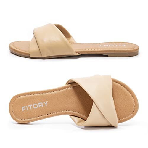 FITORY Women's Flat Sandals Fashion Slides With Soft Leather Slippers for Summer Size 9 thumbnail 3