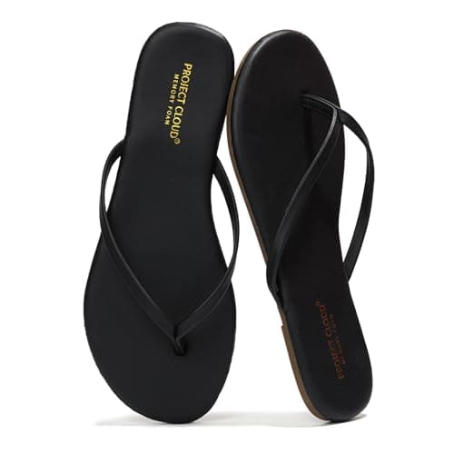 Project Cloud Flip Flops for Women – Memory Foam Flats Summer Sandals for Women 2025 – Vegan Leather Lightweight Womens Sandals Summer Beach Essentials Slides (Foundations, Black, 8.5)