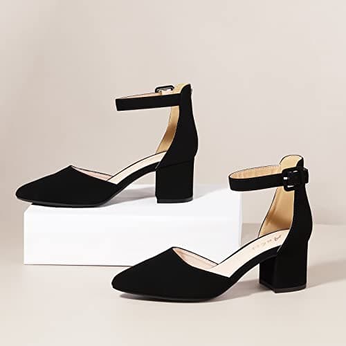 Ankis Closed Toe Heels for Women -Black Pointed Toe Heels Low Block Chunky Women Pumps with Ankle Strap -2.25 Inch thumbnail 4
