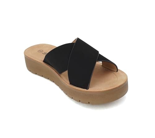 Soda LUCY ~ Women Open Toe Flatform Platform Crisscross Band Upper Fashion Slide Sandals (Black, 6.5) thumbnail 4