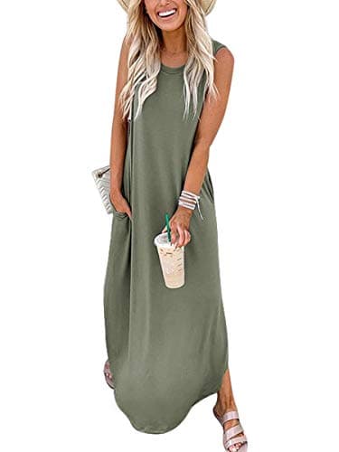 ANRABESS Women Summer Maxi Dress Beach Vacation Sundress Sleeveless Casual Loose Shirt Dresses 2025 Travel Outfits Olive Large