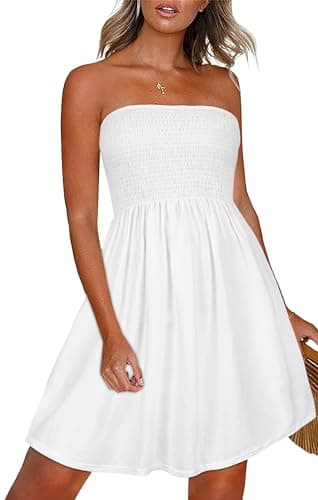 CHICGAL Tube Top Dress for Women White Strapless Dress Summer Mini Dresses Ruffle Beach Sundress.(A Solid White,S)