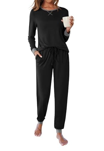 Ekouaer Women's Pajamas Sets Long Sleeve Pjs 2 Piece Loung Set with Pocket Black