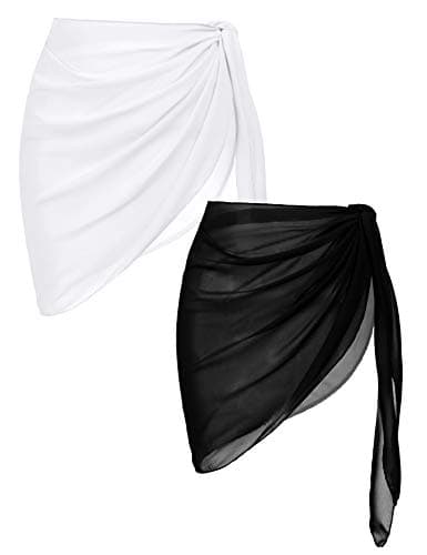 Ekouaer 2 Pcs Sarong Coverups for Women Beach Wrap Skirt Chiffon Swimsuit Coverup for Swimwear Black-White,X-Large