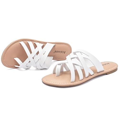 Ataiwee Women's Flat Slide Sandals – Comfort Casual Multiple Cross Pinstripe Summer Shoes.(1908021-4,WT/MF,10) thumbnail 2