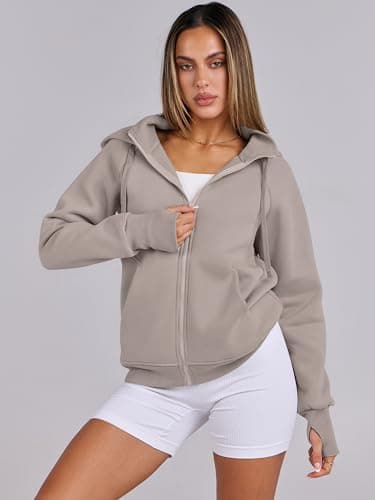 ANRABESS Womens Zip Up Hoodies Fleece Jackets Long Sleeve Sweatshirts Pockets Casual Fall Fashion Preppy Outfits Y2k Clothes Light Khaki Small thumbnail 3