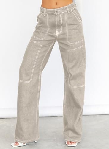 Dokotoo Womens Casual High Waisted Cargo Jeans for Women Wide Leg Boyfriend Denim Pants Apricot Size 8 thumbnail 3