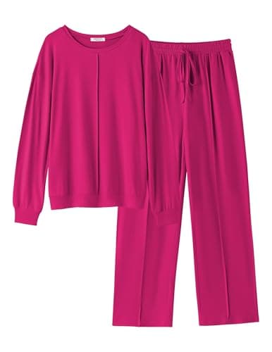 Ekouaer Pajama Sets for Women 2 Piece Lounge Sets Long Sleeve Sleepwear Top and Pants Cozy Pjs Loungewear with Pockets,Rose,Large
