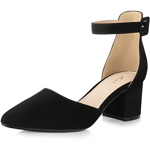 Ankis Closed Toe Heels for Women -Black Pointed Toe Heels Low Block Chunky Women Pumps with Ankle Strap -2.25 Inch