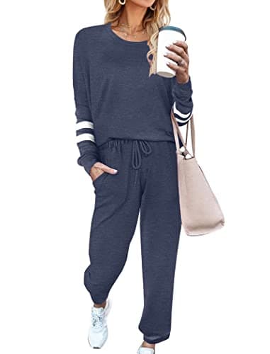 Ekouaer Sweatsuits Womens Loungewear Set Tracksuit Long Sleeve Pajamas Set with Pockets 2 Piece Outfits Lounge Sets Navy Blue Medium