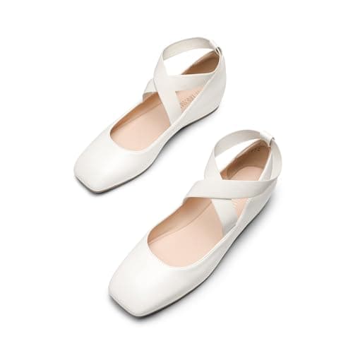 DREAM PAIRS Women's Ballet Flats, Comfortable Slip-On Square Toe Dress Shoes with Elastic Ankle Straps,Size 9,White-Pu,SDFA2401W thumbnail 4